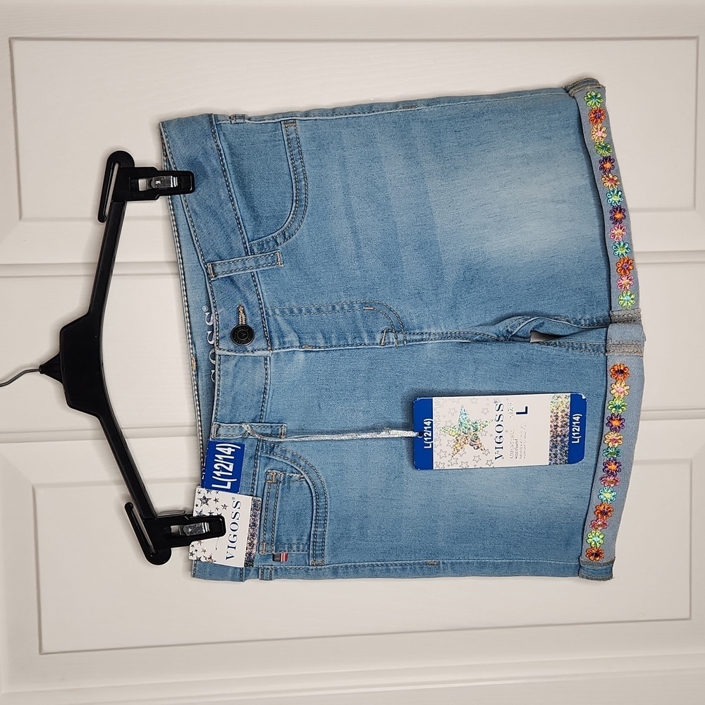 Vigoss Girls The Malibu Mid Short Denim Flower Trim Size L 12 14 NWT